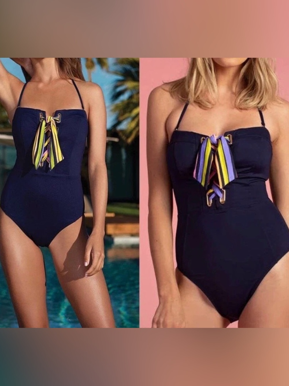 Trina Turk Bal Harbour Halter Bandeau One-Piece Swimsuit Navy Blue Size 12